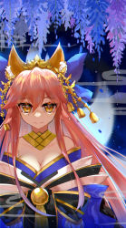 Rule 34 | 10s, 1girl, animal ears, bare shoulders, bow, breasts, cleavage, detached sleeves, fate/extella, fate/extra, fate/grand order, fate (series), fox ears, fox tail, hair bow, hair ribbon, highres, huasha, japanese clothes, long hair, looking at viewer, multiple tails, official alternate costume, pink hair, ribbon, solo, tail, tamamo no mae (fate/extra), tamamo no mae (third ascension) (fate), very long hair, yellow eyes