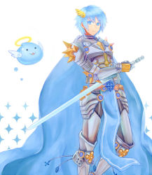 Rule 34 | 1boy, angel wings, archangeling, armor, armored boots, blue cape, blue eyes, blue hair, boots, breastplate, cape, closed mouth, commentary request, feet out of frame, hair between eyes, halo, holding, holding sword, holding weapon, leg armor, looking to the side, misuguu, pauldrons, ragnarok online, rune knight (ragnarok online), short hair, shoulder armor, slime (creature), sparkle, spiked pauldrons, sword, weapon, white background, wings