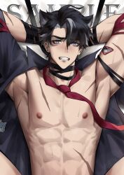 Rule 34 | 1boy, abs, absurdres, animal ears, armpits, aussummer, bara, bare pectorals, black hair, bound, clenched teeth, dog ears, genshin impact, grey hair, hair between eyes, highres, kemonomimi mode, looking at viewer, loose necktie, lying, male focus, multicolored hair, necktie, nipples, on back, partially undressed, pectorals, red necktie, ribbon, ribbon bondage, short hair, solo, spread legs, stomach, streaked hair, teeth, thick eyebrows, toned, toned male, upper body, wriothesley (genshin impact)