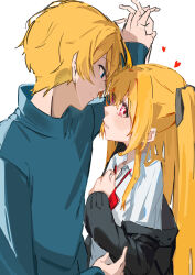 Rule 34 | 1boy, 1girl, absurdres, black cardigan, blonde hair, blue eyes, blue sweater, bow, bowtie, brother and sister, cardigan, closed mouth, collared shirt, eye contact, highres, hoshino aquamarine, hoshino ruby, incest, interlocked fingers, long hair, long sleeves, looking at another, lupinu5, mismatched pupils, one side up, oshi no ko, pink eyes, red bow, red bowtie, shirt, short hair, siblings, sidelocks, simple background, star-shaped pupils, star (symbol), sweater, symbol-shaped pupils, twincest, twins, white background, white shirt