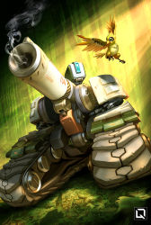 Rule 34 | animal, bastion (overwatch), bird, cannon, caution, forest, ganymede (overwatch), gatling gun, gun, kuroi-tsuki, leaf, light rays, looking at another, looking to the side, midair, military, military vehicle, minigun, motor vehicle, nature, no humans, non-humanoid robot, overwatch, overwatch 1, plant, robot, smoke, spread wings, sunlight, tank, watermark, weapon