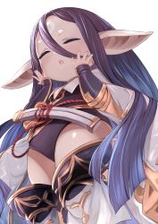 Rule 34 | absurdly long hair, black hair, cloud, granblue fantasy, hands on own cheeks, hands on own face, harvin, highres, iwao (pixiv258710), long hair, midget, open mouth, pointy ears, rei (granblue fantasy), shiny skin, sidelocks, solo, thighs, very long hair