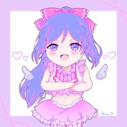 Rule 34 | 1girl, arms under breasts, artist name, artist request, bare shoulders, blue hair, blush, bow, breasts, chibi, cleavage, collarbone, collared shirt, dress, female focus, frilled dress, frills, galaxy hide and seek, guriko kana, hair between eyes, hair bow, hair ornament, heart, kana g8, long hair, looking at viewer, love live!, love live! school idol festival, love live! sunshine!!, matsuura kanan, navel, parted lips, pink bow, pink skirt, ponytail, purple eyes, shirt, skirt, small breasts, smile, solo, striped clothes, striped dress, vertical-striped clothes, vertical-striped dress, white shirt, white wings, wings