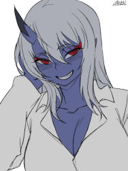 Rule 34 | 1girl, blue oni, blue skin, breasts, cleavage, colored skin, eyeshadow, grey hair, grin, horns, kimiko (zakusi), large breasts, long sleeves, looking at viewer, makeup, oni, original, pointy ears, red eyes, shirt, signature, simple background, single horn, smile, solo, white background, white shirt, zakusi