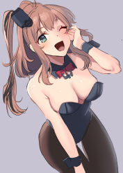 Rule 34 | 1girl, akagi kurage, alternate costume, bad id, bad twitter id, black leotard, black pantyhose, blue eyes, breasts, brown hair, cleavage, detached collar, hair ornament, highres, kantai collection, leotard, long hair, medium breasts, one eye closed, open mouth, pantyhose, playboy bunny, ponytail, purple background, saratoga (kancolle), side ponytail, sidelocks, simple background, smokestack hair ornament, solo, wrist cuffs