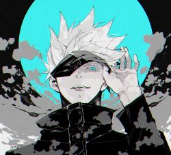 Rule 34 | 1boy, blindfold, blindfold lift, blue eyes, copyright name, eyelashes, four-kunn, gojou satoru, greyscale, hand up, high collar, highres, jacket, jujutsu kaisen, long sleeves, looking at viewer, looking down, male focus, monochrome, moon, one eye covered, open mouth, short hair, smile, solo, spiked hair, spot color, twitter username, upper body