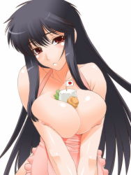 Rule 34 | 1girl, apron, between breasts, black hair, blush, breasts, breasts squeezed together, flag, food, huge breasts, long hair, md5 mismatch, naked apron, nipples, red eyes, shinama, simple background, solo, tsuyokiss, white background, yashi nagomi