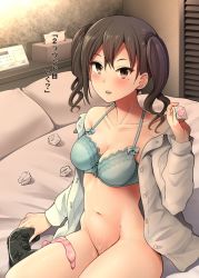 Rule 34 | 1girl, black hair, blush, bra, breasts, commentary request, condom, condom wrapper, controller, dualshock, game controller, gamepad, hair between eyes, holding, idolmaster, idolmaster cinderella girls, indoors, long hair, looking at viewer, medium breasts, mole, mole under eye, navel, no panties, on bed, open clothes, open mouth, open shirt, playstation controller, sharp teeth, sitting, solo, sunazuka akira, takemasa, teeth, translation request, twintails, underwear, used condom, used tissue
