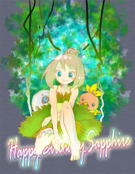 1girl aron artist_request bare_arms bare_shoulders barefoot between_legs blue_eyes blush_stickers brown_hair child collarbone convenient_arm creatures_(company) eyelashes feet female_focus flat_chest full_body game_freak gen_3_pokemon hand_between_legs happy happy_birthday high_ponytail highres jungle knee_up leaf_bikini leaf_skirt looking_at_viewer may_(pokemon) medium_hair nature neck nintendo no_panties odamaki_sapphire outdoors outstretched_leg pokemon pokemon_adventures ponytail short_ponytail sidelocks size_difference smile soles swept_bangs toes torchic