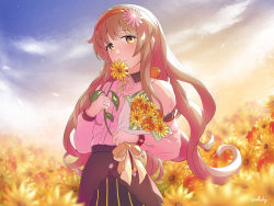 Rule 34 | 1girl, arthur ko, black skirt, blush, brown hair, closed mouth, commission, field, flower, flower field, helena (kancolle), holding, holding flower, juliet sleeves, kantai collection, long hair, long sleeves, military, military uniform, neck ribbon, petals, pixiv commission, puffy sleeves, ribbon, skirt, smile, solo, twitter username, uniform, yellow eyes, yellow flower, yellow ribbon