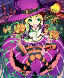Rule 34 | 1girl, blonde hair, candy, dated, food, gloves, green eyes, hat, jack-o&#039;-lantern, kyousin, lollipop, lord of knights, midriff, official art, orange pantyhose, pantyhose, pumpkin, shoes, short hair, sitting, solo, striped clothes, striped pantyhose, sunset, unworn shoes, white gloves, witch hat