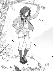 Rule 34 | 1girl, arm up, bad drawr id, bad id, bare tree, cardigan, character request, closed mouth, copyright request, falling leaves, female pubic hair, francine (daijaemon), full body, grass, greyscale, hand in pocket, jacket, kneehighs, leaf, long sleeves, monochrome, neck ribbon, no pants, oekaki, one eye closed, open cardigan, open clothes, outdoors, panties, panty pull, pubic hair, ribbon, school uniform, shirt, shoes, short hair, sneakers, socks, solo, standing, striped clothes, striped panties, tree, underwear, wind