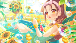 Rule 34 | 1girl, :o, absurdres, animal ears, bathtub, bikini, blush, bottle, bow hairband, brown eyes, brown hair, bubble, bubble pipe, dog ears, dog girl, dog tail, extra ears, fang, flower, forehead, hairband, hanging plant, highres, holding, holding bottle, hololive, ikari (aor3507), inugami korone, long hair, looking to the side, medium hair, partially submerged, skin fang, solo, sunflower, swimsuit, tail, virtual youtuber, water, white flower, wrist cuffs, yellow bikini, yellow flower