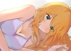 Rule 34 | 1girl, ahoge, bare shoulders, blonde hair, blurry, blurry foreground, blush, breasts, camisole, cleavage, close-up, closed mouth, collarbone, eyes visible through hair, green eyes, highres, hoshii miki, idolmaster, idolmaster (classic), idolmaster million live!, idolmaster million live! theater days, long hair, looking at viewer, lying, medium breasts, on side, purple camisole, simple background, smile, solo, wakaayu3, white background