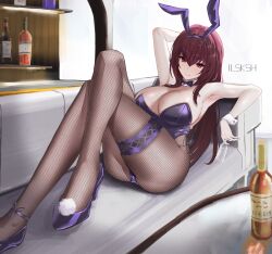Rule 34 | 1girl, absurdres, animal ears, bar (place), bottle, bow, bowtie, breasts, cleavage, couch, cup, detached collar, drinking glass, fake animal ears, fate/grand order, fate (series), fishnet pantyhose, fishnets, hairband, highres, indoors, large breasts, leotard, official alternate costume, pantyhose, playboy bunny, purple bow, purple bowtie, purple hair, purple hairband, purple leotard, rabbit ears, red eyes, scathach (fate), scathach (piercing bunny) (fate), side-tie leotard, smile, solo, strapless, strapless leotard, user vdkm2347, wine bottle, wine glass, wrist cuffs