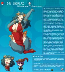 Rule 34 | 1boy, 1girl, armlet, artist name, belly, blue background, blue hair, blue skin, blush, bracelet, breasts, character name, character profile, circlet, closed eyes, colored skin, commentary, creatures (company), dress, english commentary, english text, fangs, fat, game freak, gen 1 pokemon, hair intakes, hand to own mouth, hat feather, highres, jewelry, kinkymation, large breasts, nintendo, open mouth, personification, plunging neckline, poke ball, poke ball (basic), pokemon, pokemon ears, purple hair, red dress, snorlax, stretching, wavy hair, yawning