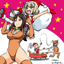 Rule 34 | 4girls, :d, animal costume, arm up, bell, black hair, blonde hair, blue eyes, bodysuit, brown bodysuit, brown eyes, brown gloves, brown leotard, capelet, carrying, christmas, clara (girls und panzer), closed eyes, closed mouth, commentary, elbow gloves, expressionless, flying sweatdrops, frown, fur-trimmed footwear, fur trim, girls und panzer, gloves, hat, holding, holding sack, katyusha (girls und panzer), kogane (staygold), leotard, long hair, low twintails, lowres, mittens, multiple girls, neck bell, nina (girls und panzer), nonna (girls und panzer), open mouth, over shoulder, red capelet, red footwear, red headwear, red mittens, red shorts, reindeer costume, reindeer hat, riding, running, sack, santa costume, santa hat, shadow, shirt, shoes, short hair, shorts, shoulder carry, sleeveless, sleeveless shirt, sleigh, smile, standing, star (sky), swept bangs, t t, thighhighs, twintails, twitter username, whipping, white legwear