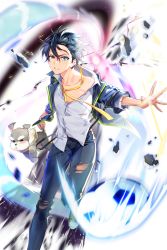 Rule 34 | 1boy, ball, black hair, blue eyes, choi (soccer spirits), clenched hand, dirty, dirty face, dog, hair between eyes, jacket, male focus, off shoulder, pants, shoes, sneakers, soccer ball, soccer spirits, solo, standing, torn clothes, transparent background, tuuuh, yellow neckwear