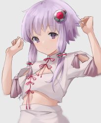 Rule 34 | 1girl, arm up, blush, closed mouth, grey background, hair ornament, hand up, highres, long hair, looking at viewer, puffy short sleeves, puffy sleeves, purple eyes, purple hair, shirt, short sleeves, sidelocks, simple background, skirt, solo, upper body, vocaloid, voiceroid, white shirt, white skirt, yusake san, yuzuki yukari