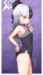 Rule 34 | 1girl, absurdres, ass, black choker, black dress, black hair, black horns, blue archive, breasts, bright pupils, choker, cowboy shot, demon horns, demon wings, djloops, dress, from side, grey hair, grey halo, halo, highres, horns, kayoko (blue archive), kayoko (dress) (blue archive), long hair, official alternate costume, red eyes, single wing, small breasts, solo, white pupils, wings