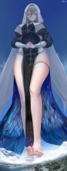 Rule 34 | 1girl, aircraft, aponia (honkai impact), barefoot, black dress, blue eyes, breasts, city, cloud, dress, giant, giantess, helicopter, highres, honkai (series), honkai impact 3rd, large breasts, mountain, nun, pelvic curtain, sky, soles, thigh strap
