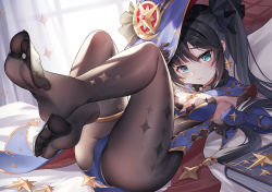 Rule 34 | 1girl, bed sheet, black hair, black ribbon, blue eyes, blue hat, blue leotard, book, breasts, brown gloves, brown pantyhose, closed mouth, crescent, crescent hat ornament, earrings, feet, foot focus, full body, fur collar, genshin impact, gloves, hair ribbon, hand on headwear, hat, hat ornament, highres, jewelry, leotard, long hair, long sleeves, looking at viewer, lying, medium breasts, mona (genshin impact), no shoes, on back, on bed, pantyhose, ribbon, solo, suaynnai wanzi, thighlet, thighs, very long hair, witch hat