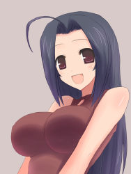 Rule 34 | 00s, 1girl, ahoge, blue hair, breasts, female focus, idolmaster, idolmaster (classic), impossible clothes, impossible shirt, large breasts, long hair, miura azusa, red eyes, shirt, simple background, smile, solo, unikurage