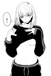 Rule 34 | ..., 1girl, belly, blush, breasts, clothes lift, greyscale, highres, lifted by self, looking at viewer, looking to the side, medium breasts, monochrome, navel, original, pants, parted lips, shirt lift, simple background, solo, speech bubble, spoken ellipsis, sweatdrop, sweater, track pants, translated, underboob, upper body, warabino matsuri