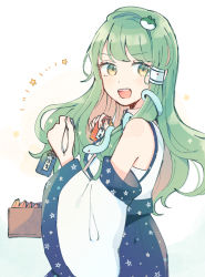 Rule 34 | 1girl, blue skirt, blush, breasts, collar, detached sleeves, frog hair ornament, green eyes, green hair, hair ornament, hair tubes, hands up, kochiya sanae, long hair, long sleeves, looking to the side, medium breasts, mozukuzu (manukedori), multicolored eyes, open mouth, paper, shirt, simple background, skirt, smile, snake hair ornament, solo, star (symbol), tanabata, touhou, white background, white collar, white shirt, white sleeves, wide sleeves, yellow eyes