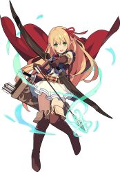 Rule 34 | 1girl, arisa (shadowverse), arm up, armlet, arrow (projectile), artist request, aura, bare shoulders, belt, black gloves, blonde hair, blue shirt, blush, boots, bow (weapon), breasts, brown footwear, cape, elbow gloves, female focus, frilled skirt, frills, full body, gloves, green eyes, hair ribbon, hairband, hand up, happy, high-waist skirt, highres, holding, holding arrow, holding bow (weapon), holding weapon, knees together feet apart, light blush, long hair, looking at viewer, neck ribbon, non-web source, official art, open mouth, outstretched arm, pointy ears, quiver, red cape, red hairband, red ribbon, ribbon, shadowverse, sheath, sheathed, shirt, sidelocks, simple background, skin tight, skirt, sleeveless, sleeveless shirt, small breasts, smile, solo, sword, teeth, thigh boots, thighhighs, transparent background, v-shaped eyebrows, weapon, white skirt, world flipper, zettai ryouiki