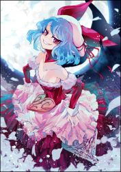 Rule 34 | 1girl, bat wings, blue hair, bow, breasts, cleavage, collarbone, detached sleeves, dress, hat, hat bow, hat ribbon, heart, ifelt (tamaki zutama), moon, outdoors, pink dress, pink headwear, red bow, red dress, red eyes, remilia scarlet, ribbon, small breasts, touhou, wings