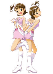 Rule 34 | 00s, 2girls, back-to-back, boots, brown eyes, brown hair, cute &amp; girly (idolmaster), futami ami, futami mami, hair bobbles, hair ornament, idol, idolmaster, idolmaster (classic), idolmaster 1, kubooka toshiyuki, looking at viewer, multiple girls, non-web source, official art, short hair, siblings, side ponytail, simple background, sisters, standing, twins, white background