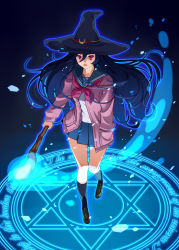 Rule 34 | 1girl, absurdres, black hat, blue hair, blue outline, blue skirt, blue socks, cardigan, closed mouth, commentary, english text, expressionless, floating hair, fool (fuckinfool), full body, hand in pocket, hat, hexagram, highres, holding, holding staff, kneehighs, knees together feet apart, loafers, long hair, looking at viewer, magic, magic circle, miniskirt, neckerchief, open cardigan, open clothes, original, outline, pigeon-toed, pink cardigan, pink neckerchief, pleated skirt, red eyes, school uniform, serafuku, shoes, simple background, skirt, socks, solo, staff, standing, thigh gap, very long hair, witch hat