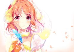 Rule 34 | 1girl, absurdres, artist name, artist request, blue feathers, daisuki dattara daijoubu!, dated, depe, english text, feathers, female focus, fingerless gloves, gloves, highres, looking at viewer, love live!, love live! sunshine!!, next sparkling!!, orange gloves, orange hair, red eyes, short hair, solo, takami chika, upper body, wings
