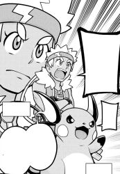 Rule 34 | 1girl, creatures (company), dark-skinned female, dark skin, dog tags, game freak, gen 1 pokemon, headband, manga page, military, muscular arms, nintendo, official art, pokemon, pokemon (anime), pokemon journeys, ponytail, raichu, thick eyebrows, visquez (pokemon)