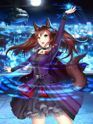 Rule 34 | 1girl, aircraft, animal ears, arm up, black skirt, blurry, blurry background, brown hair, cape, choker, collarbone, cowboy shot, floating hair, flower, fox ears, fox tail, full moon, gigamessy, helicopter, highres, layered skirt, long hair, long sleeves, magic circle, moon, night, original, outdoors, purple cape, red flower, red rose, rose, skirt, sky, solo, standing, star (sky), starry sky, tail, twintails