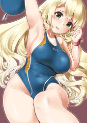 Rule 34 | 1girl, absurdres, alternate costume, arm up, armpits, atago (kancolle), bare arms, bare legs, bare shoulders, beret, blonde hair, blue one-piece swimsuit, blush, bracelet, breasts, collarbone, commentary request, competition swimsuit, covered navel, cowboy shot, green eyes, hat, highleg, highleg swimsuit, highres, jewelry, kantai collection, large breasts, long hair, looking at viewer, minase (takaoka nanase), one-piece swimsuit, open mouth, sideboob, simple background, smile, solo, sweat, swimsuit