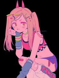 Rule 34 | 1girl, alternate costume, bandaid, bandaid on knee, bandaid on leg, black background, blonde hair, blush, chainsaw man, character name, choker, collarbone, crop top, cross-shaped pupils, fingerless gloves, gauze, gloves, green choker, hair ornament, hairclip, heart, heart hair ornament, highres, horns, menma (enaic31), navel, pink shirt, power (chainsaw man), purple shorts, red horns, shirt, shorts, side ponytail, simple background, solo, symbol-shaped pupils, tongue, tongue out, twitter username, wristband