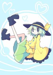 Rule 34 | 1girl, :o, arms at sides, asameshi, bare legs, black eyes, black footwear, black hat, blouse, blush stickers, boots, bright pupils, buttons, commentary, diamond button, frilled shirt collar, frilled sleeves, frills, full body, green hair, green skirt, hair between eyes, hat, hat ribbon, heart, heart of string, highres, komeiji koishi, leg up, long sleeves, looking at viewer, outstretched leg, ribbon, shirt, short hair, simple background, skirt, sleeves past fingers, sleeves past wrists, solo, third eye, touhou, white pupils, wide sleeves, yellow ribbon, yellow shirt