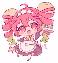 Rule 34 | 1girl, :d, ahoge, apple, apple peel, apron, artist name, bendy straw, blush stickers, bow, bowtie, brown footwear, cake, cake slice, cherry, chibi, commentary request, dress, drinking straw, food, food-themed hair, food name, frilled apron, frills, fruit, full body, green hair, grey dress, ice cream, ice cream float, long sleeves, looking at viewer, maid, maid apron, multicolored hair, open mouth, original, outstretched arms, pink hair, plate, pudding, shoes, simple background, smile, solo, spoon, spread arms, strawberry, strawberry shortcake, tetolapis, tray, white apron, white background, white headdress, yellow bow, yellow bowtie