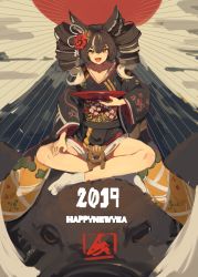 Rule 34 | 1girl, 2019, :d, animal ears, big hair, black kimono, blush, boar, boar ears, brown hair, chinese zodiac, commentary request, cup, drill hair, english text, fang, flower, hair flower, hair ornament, happy new year, highres, holding, indian style, japanese clothes, kimono, lansane, long sleeves, looking at viewer, nengajou, new year, obi, open mouth, orange eyes, original, pig, red flower, rising sun flag, sakazuki, sash, signature, sitting, smile, solo, sunburst, tabi, twin drills, typo, white legwear, wide sleeves, year of the pig