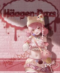 Rule 34 | 1girl, bare shoulders, breasts, bustier, choker, detached sleeves, drill hair, food, haagen-dazs, highres, ice cream, jewelry, jokanhiyou, long sleeves, looking at viewer, medium breasts, midriff, navel, necklace, orange eyes, original, personification, pink hair, short twintails, skindentation, smile, solo, thighhighs, thighs, tongue, tongue out, twintails, wall, white headwear