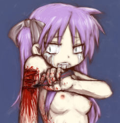 Rule 34 | 1girl, bad id, bad pixiv id, black bow, blood, blood on arm, blood on hands, blue background, bow, breasts, completely nude, crying, crying with eyes open, cutting, ero guro, female focus, guro, hiiragi kagami, injury, lucky star, mori yume, nude, purple hair, saliva, scalpel, self-harm, self harm, small breasts, solo, tears