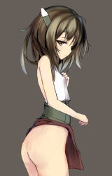 Rule 34 | 10s, 1girl, ass, bad id, bad pixiv id, blush, bottomless, brown eyes, brown hair, from side, hair between eyes, headband, headgear, kantai collection, looking at viewer, marisayaka, short hair, simple background, solo, taihou (kancolle)