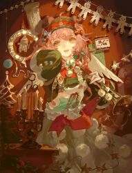 Rule 34 | 1girl, :d, absurdres, ahoge, animal ears, arknights, bow, braid, braided hair rings, calendar (object), candle, candlestand, cat ears, christmas, commentary request, fire, goldenglow (arknights), goldenglow (maiden for the bright night) (arknights), green sweater, hair bow, hair rings, hairband, hand up, highres, holding, holding instrument, instrument, long sleeves, open mouth, orange eyes, pink hair, qingxie, red bow, red hairband, skirt, smile, solo, star (symbol), striped, striped bow, sweater, trumpet, white skirt, wide sleeves