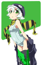 Rule 34 | 1girl, aqua one-piece swimsuit, bird, green eyes, green hair, green one-piece swimsuit, hat, highres, one-piece swimsuit, original, penguin, personification, scarf, school swimsuit, short hair, skirt, striped clothes, striped scarf, suica, swimsuit, swimsuit under clothes, takeya yuuki, thighhighs, undressing