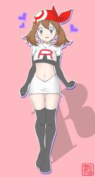Rule 34 | 1girl, absurdres, bandana, black footwear, black gloves, black thighhighs, blue eyes, blush, breasts, brown hair, character cutout, cosplay, creatures (company), crop top, elbow gloves, female focus, full body, game freak, gloves, hat, heart, highres, jessie (pokemon), jessie (pokemon) (cosplay), looking at viewer, may (pokemon), miniskirt, navel, nintendo, open mouth, outline, pink background, pokemon, pokemon (anime), pokemon rse, red hat, shirt, shoes, short hair, short sleeves, simple background, skirt, small breasts, smile, solo, standing, tax2rin, team rocket, team rocket (cosplay), text focus, thigh gap, thighhighs, translation request, watermark, white shirt, white skirt, zettai ryouiki