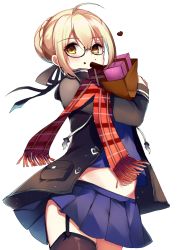 Rule 34 | 1girl, ahoge, artoria pendragon (all), artoria pendragon (fate), bag, black ribbon, black thighhighs, blonde hair, blush, braid, chocolate, chocolate on face, closed mouth, coat, cowboy shot, crop top, crop top overhang, duffel coat, fate/grand order, fate (series), food, food on face, french braid, fringe trim, garter straps, hair between eyes, hair bun, hair ribbon, heart, holding, holding bag, looking at viewer, mysterious heroine x alter (fate), mysterious heroine x alter (first ascension) (fate), navel, open clothes, open coat, plaid, plaid scarf, red scarf, ribbon, ry thae, saber (fate), scarf, sidelocks, simple background, single hair bun, solo, thighhighs, white background, yellow eyes