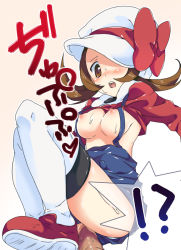 Rule 34 | !?, 00s, 1girl, blush, breasts, brown hair, censored, clothes lift, clothing aside, creatures (company), game freak, hat, hat ribbon, large breasts, lyra (pokemon), mosaic censoring, nakamura sandayo, nintendo, nipples, no panties, overalls, panties, panties aside, penis, pokemon, pokemon hgss, red ribbon, ribbon, sex, shirt lift, solo, squatting, thighhighs, translation request, underwear, vaginal, white thighhighs