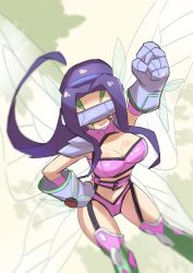 Rule 34 | arms up, belt, bikini, boots, bra, breasts, butterfly wings, butterfly wings gauntlets, cleavage, digimon, digimon frontier, facial mark, fairimon, garter straps, gauntlets, hair ornament, hand on own hip, highres, insect wings, lingerie, long hair, medium breasts, panties, purple bra, purple hair, purple panties, shiny clothes, shoulder pads, smile, swimsuit, thighhighs, underwear, visor (armor), wings